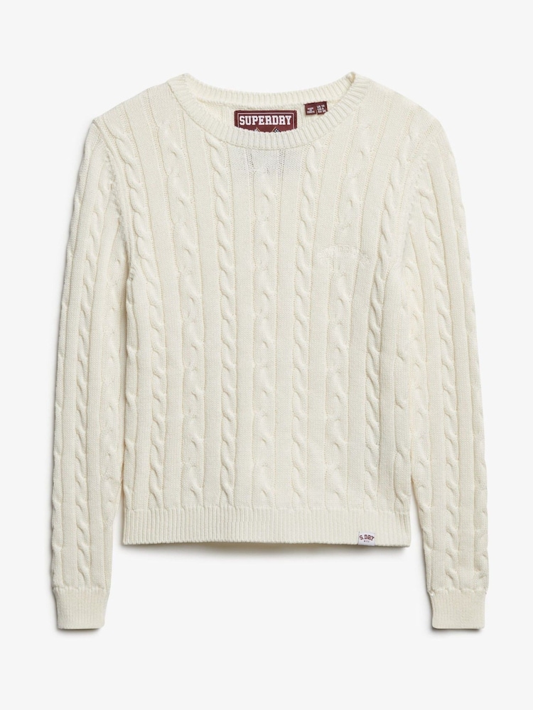 Superdry Cream Essentials Slim Cable Knit Crew Neck 100% Cotton Jumper - Image 5 of 5