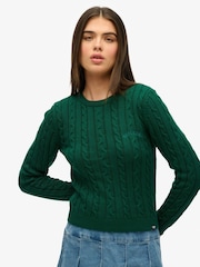 Superdry Green Essentials Slim Cable Knit Crew Neck 100% Cotton Jumper - Image 1 of 5