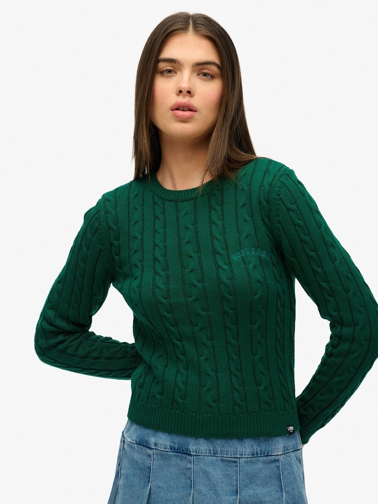 Superdry Green Essentials Slim Cable Knit Crew Neck 100% Cotton Jumper - Image 1 of 5