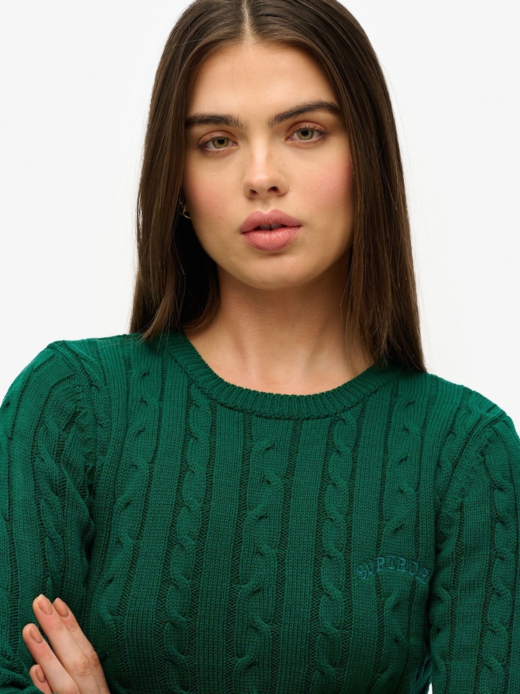 Superdry Green Essentials Slim Cable Knit Crew Neck 100% Cotton Jumper - Image 3 of 5