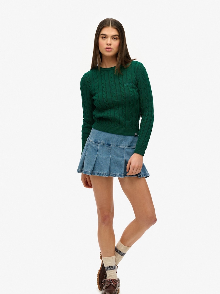 Superdry Green Essentials Slim Cable Knit Crew Neck 100% Cotton Jumper - Image 4 of 5