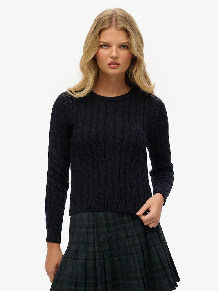 Superdry Navy Essentials Slim Cable Knit Crew Neck 100% Cotton Jumper - Image 1 of 5