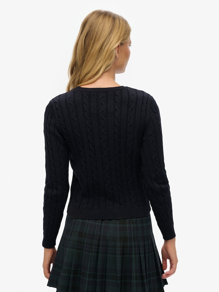 Superdry Navy Essentials Slim Cable Knit Crew Neck 100% Cotton Jumper - Image 2 of 5