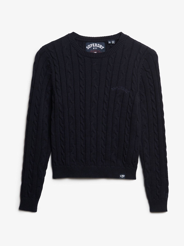 Superdry Navy Essentials Slim Cable Knit Crew Neck 100% Cotton Jumper - Image 5 of 5