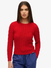 Superdry Red Essentials Slim Cable Knit Crew Neck 100% Cotton Jumper - Image 1 of 5