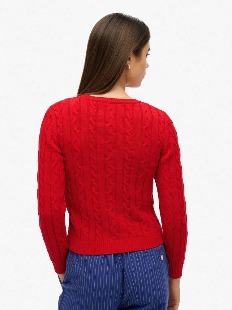 Superdry Red Essentials Slim Cable Knit Crew Neck 100% Cotton Jumper - Image 2 of 5