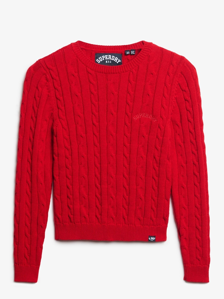 Superdry Red Essentials Slim Cable Knit Crew Neck 100% Cotton Jumper - Image 5 of 5