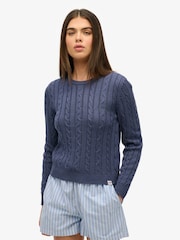 Superdry Blue Essentials Slim Cable Knit Crew Neck 100% Cotton Jumper - Image 1 of 5