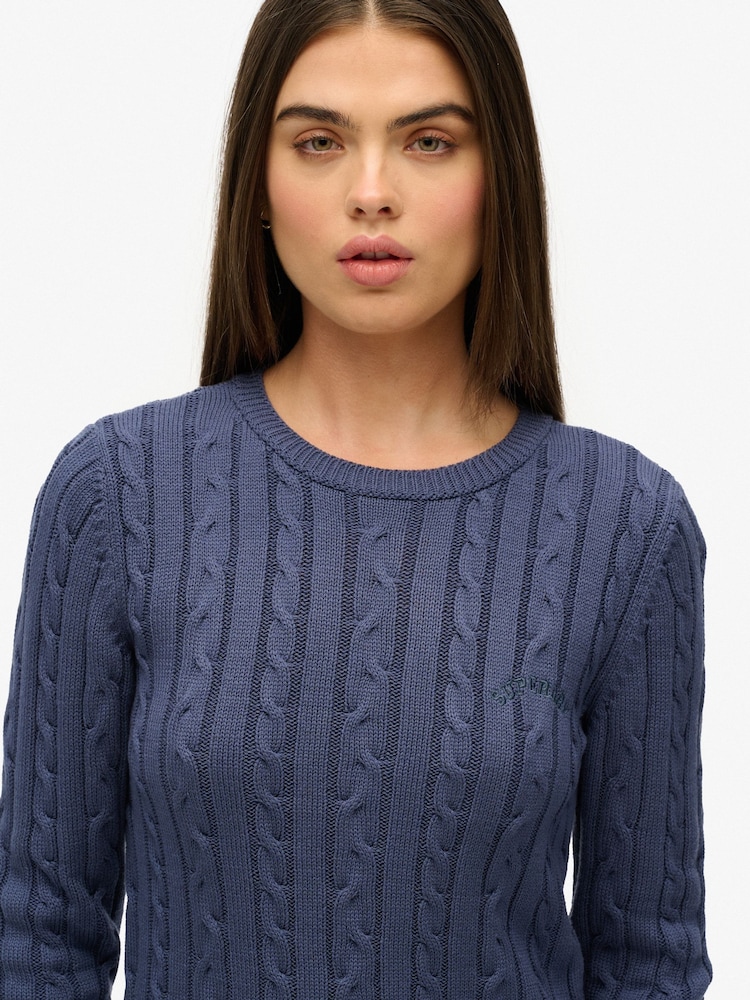 Superdry Blue Essentials Slim Cable Knit Crew Neck 100% Cotton Jumper - Image 3 of 5