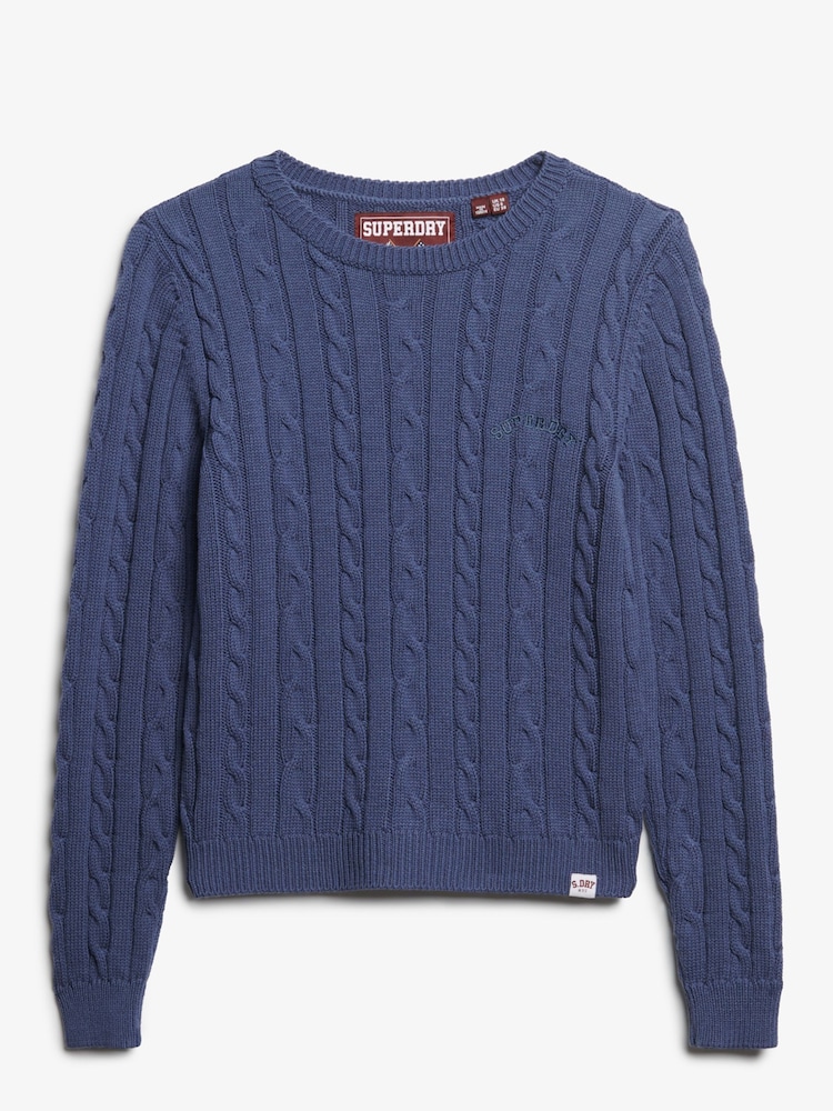 Superdry Blue Essentials Slim Cable Knit Crew Neck 100% Cotton Jumper - Image 5 of 5