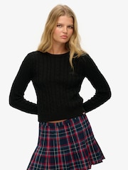 Superdry Black Essentials Slim Cable Knit Crew Neck 100% Cotton Jumper - Image 1 of 5