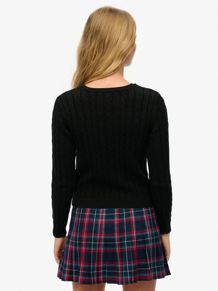 Superdry Black Essentials Slim Cable Knit Crew Neck 100% Cotton Jumper - Image 2 of 5