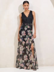 Lipsy Black Floral Printed Lace Mix V-Neck Maxi Dress - Image 1 of 5