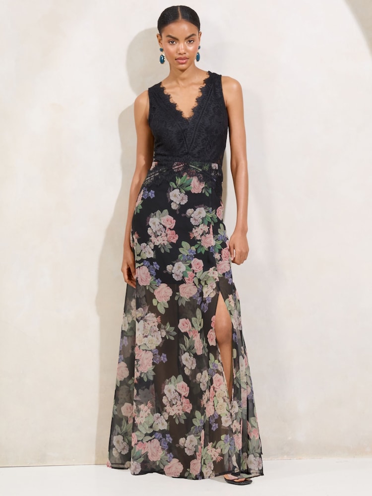 Lipsy Black Floral Printed Lace Mix V-Neck Maxi Dress - Image 1 of 5