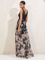 Lipsy Black Floral Printed Lace Mix V-Neck Maxi Dress - Image 2 of 5