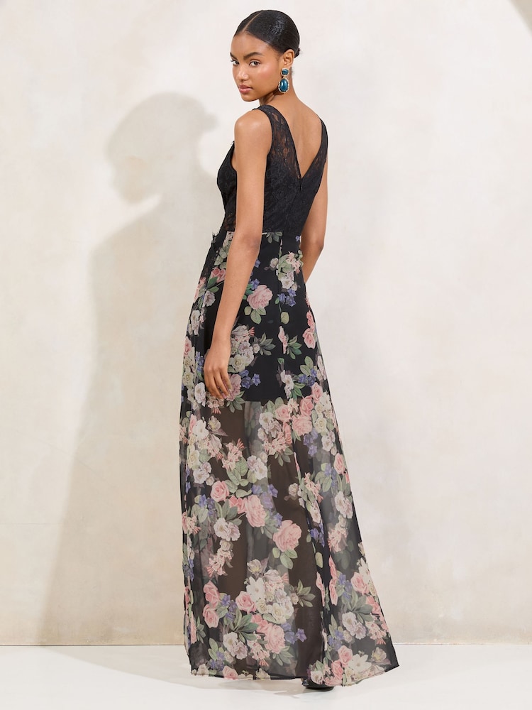 Lipsy Black Floral Printed Lace Mix V-Neck Maxi Dress - Image 2 of 5