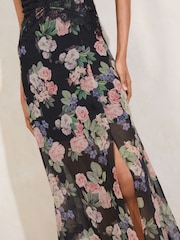 Lipsy Black Floral Printed Lace Mix V-Neck Maxi Dress - Image 5 of 5