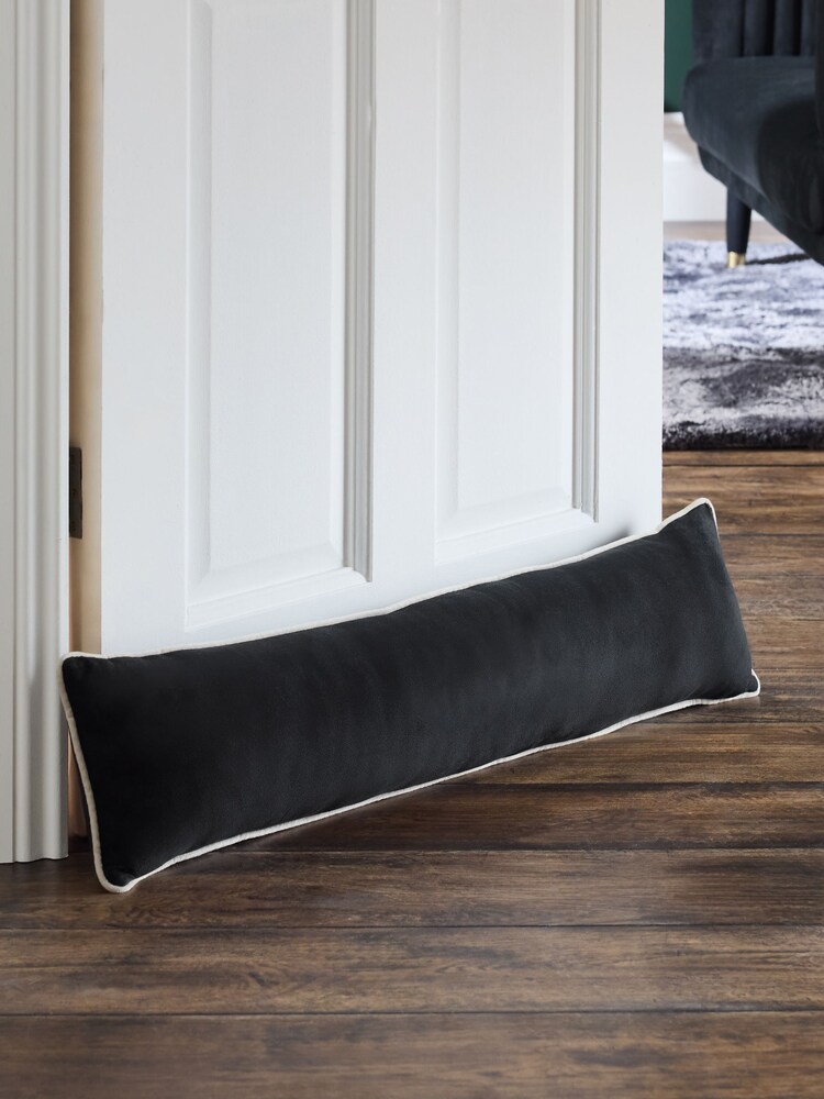 Black Matte Velvet Piped Draught Excluder - Image 1 of 5 Black Matte Velvet Piped Draught Excluder - Image 1 of 5
