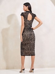 Lipsy Black Lace Short Sleeve Bodycon Midi Dress - Image 2 of 4
