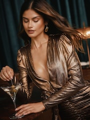 Lipsy Bronze Metallic Plunge Neck Ruched Corsage Long Sleeve Mini Dress - Image 1 of 5