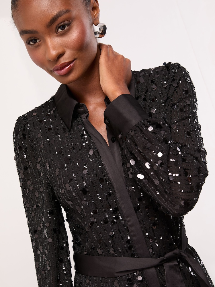 Lipsy Black Sequin Long Sleeve Belted Shirt Dress - Image 4 of 4 Lipsy Black Sequin Long Sleeve Belted Shirt Dress - Image 4 of 4