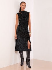 Lipsy Black Devore Splice Sleeveless Fit And Flare Midi Dress - Image 2 of 5