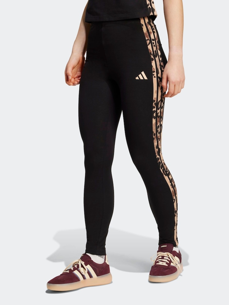 adidas Black Animal Print 3-Stripes High Rise Cotton Leggings - Image 1 of 6