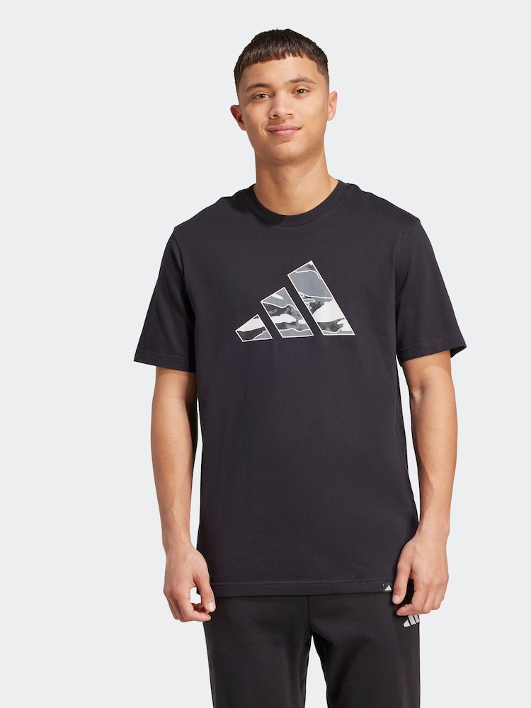 adidas Black Camo Logo Graphic Print 100% Cotton T-Shirt - Image 1 of 6 adidas Black Camo Logo Graphic Print 100% Cotton T-Shirt - Image 1 of 6