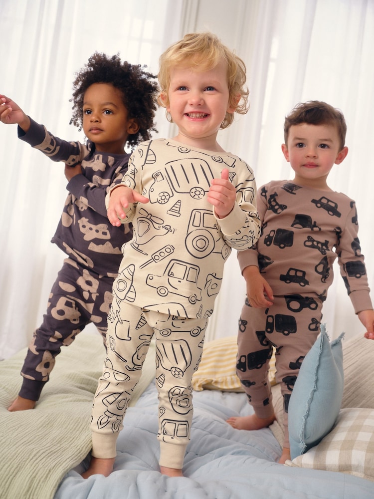 Brown/Cream Transport Snuggle Pyjamas 3 Pack (9mths-10yrs) - Image 1 of 2