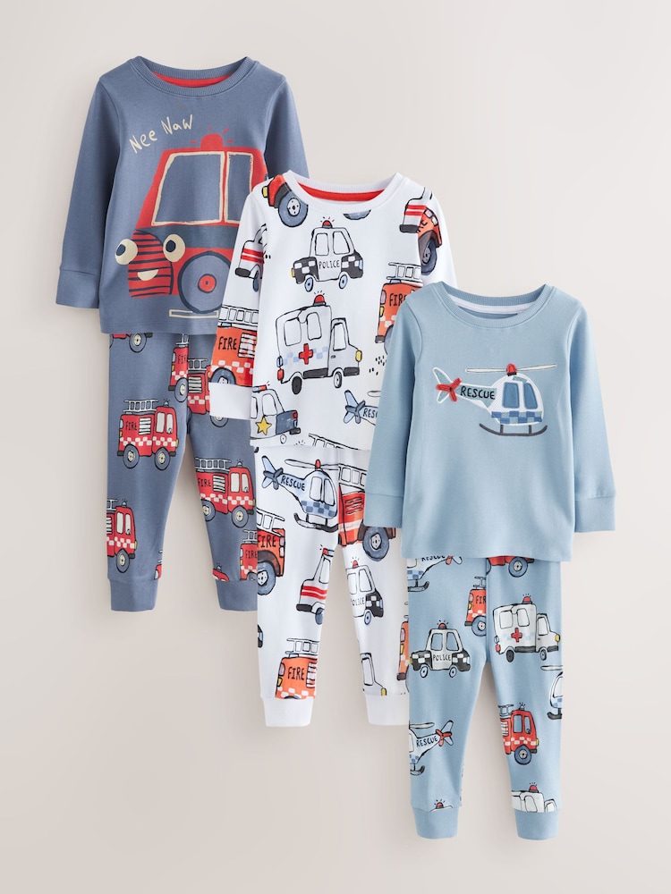 Red/Blue Emergency Vehicle Snuggle Pyjamas 3 Pack (9mths-10yrs) - Image 1 of 7
