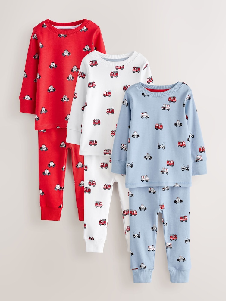 Dark Red/Blue Emergency Vehicle Mini Snuggle Pyjamas 3 Pack (9mths-10yrs) - Image 1 of 7 Dark Red/Blue Emergency Vehicle Mini Snuggle Pyjamas 3 Pack (9mths-10yrs) - Image 1 of 7