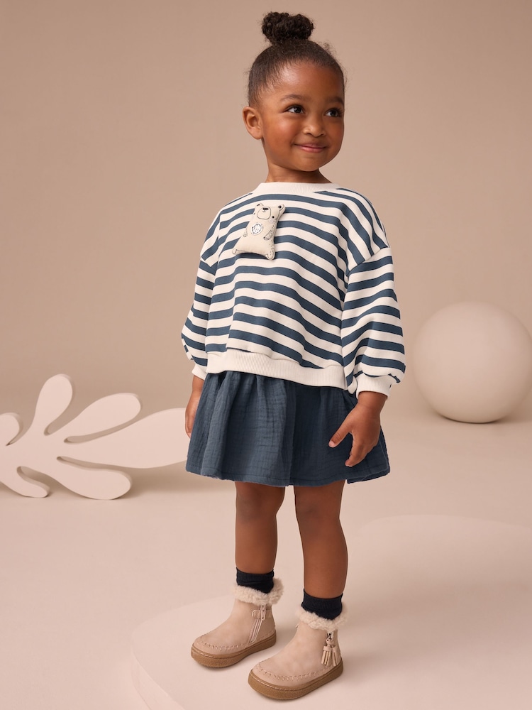Navy Striped Mesh Skirt Sweat Dress (3mths-7yrs) - Image 2 of 8