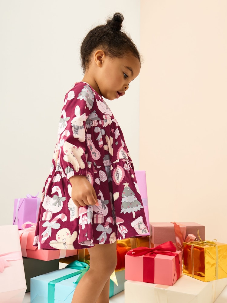 Red Christmas Long Sleeve Tiered Dress (3mths-7yrs) - Image 1 of 7