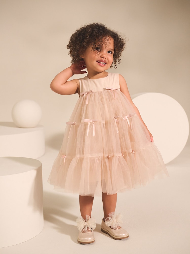 Blush Pink Sleeveless Bow Mesh Dress (3mths-7yrs) - Image 1 of 8