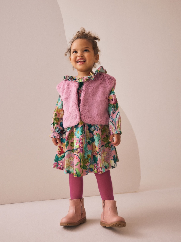 Pink Floral Dress & Gilet 3 Piece Set (3mths-7yrs) - Image 1 of 11