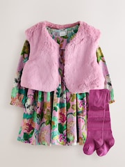Pink Floral Dress & Gilet 3 Piece Set (3mths-7yrs) - Image 4 of 11