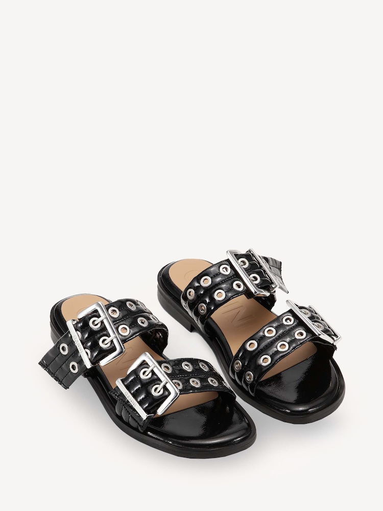 Ganni Black Feminine Buckle Two Strap Naplack Sandals - Image 2 of 3
