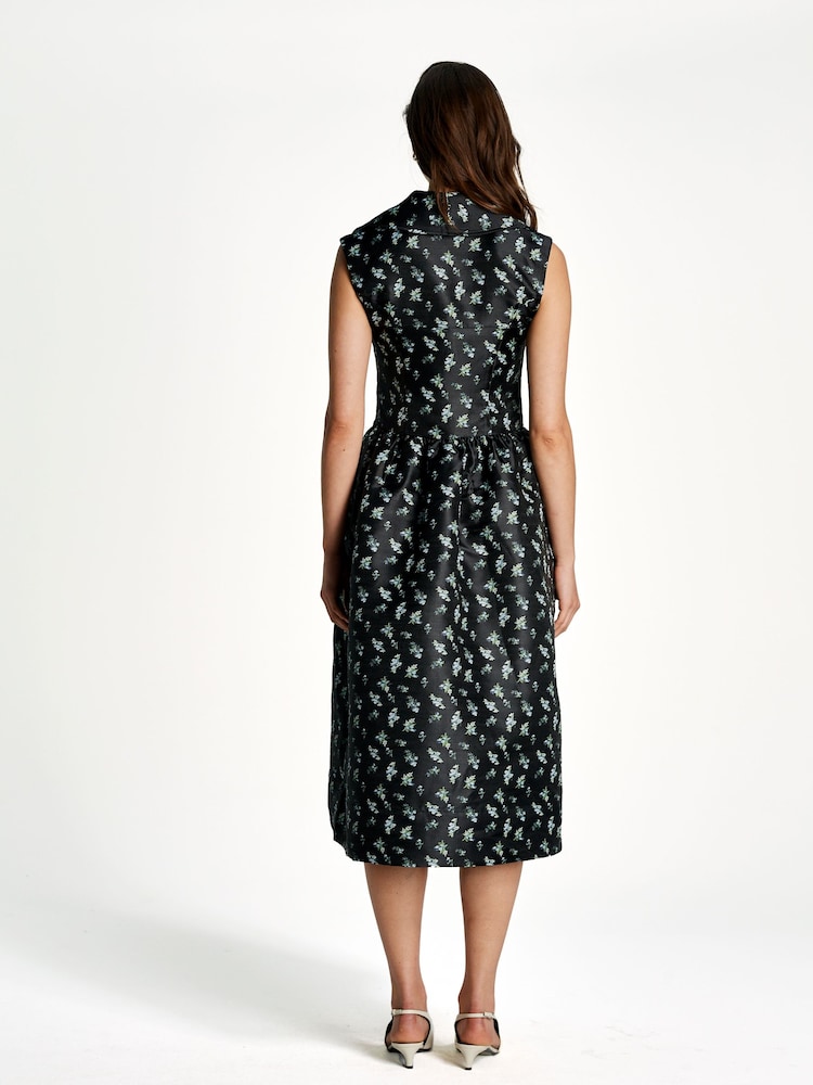 Ganni Black Floral Print Jacquard Midi Dress - Image 2 of 5
