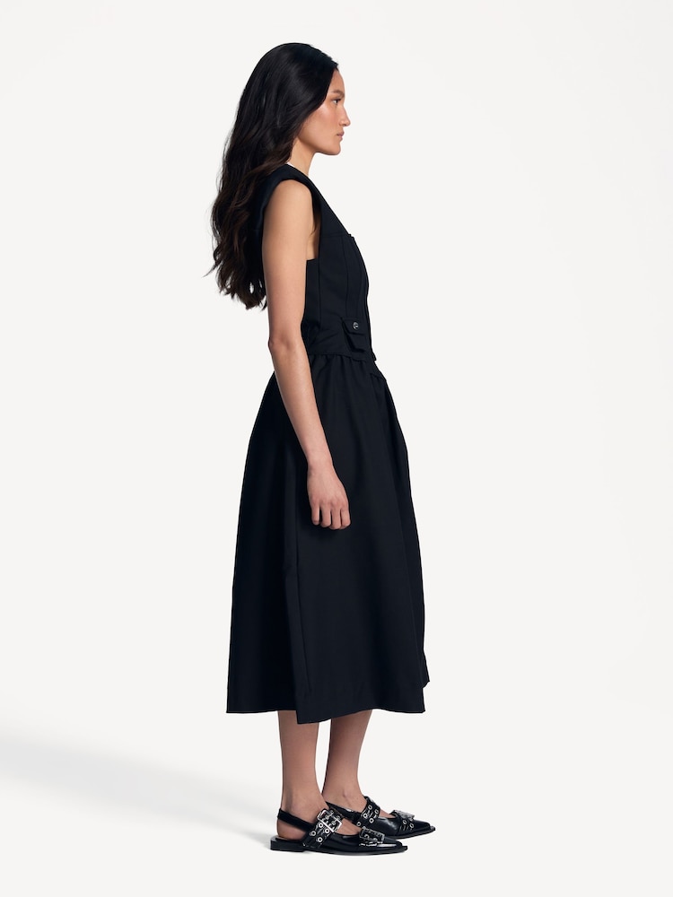Ganni Black Heavy Cotton Tailoring Corset Midi Dress | Seasons