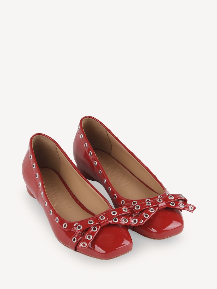 Ganni Red Eyelets Bow Naplack Ballerinas - Image 2 of 3