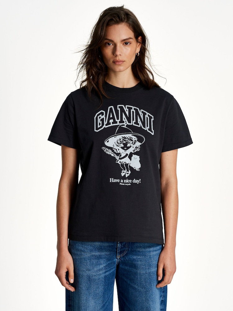 Ganni Black Basic Cotton Witch Relaxed T-Shirt - Image 1 of 5 Ganni Black Basic Cotton Witch Relaxed T-Shirt - Image 1 of 5