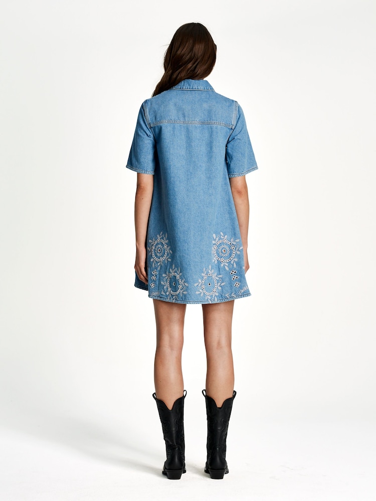 Ganni Blue Broderie Anglaise Denim Mini Dress - Image 2 of 5