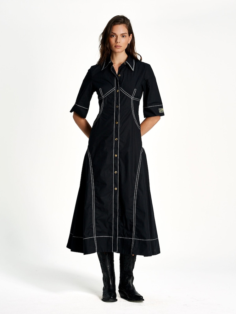 Ganni Black Poplin Long Shirt Dress - Image 1 of 6