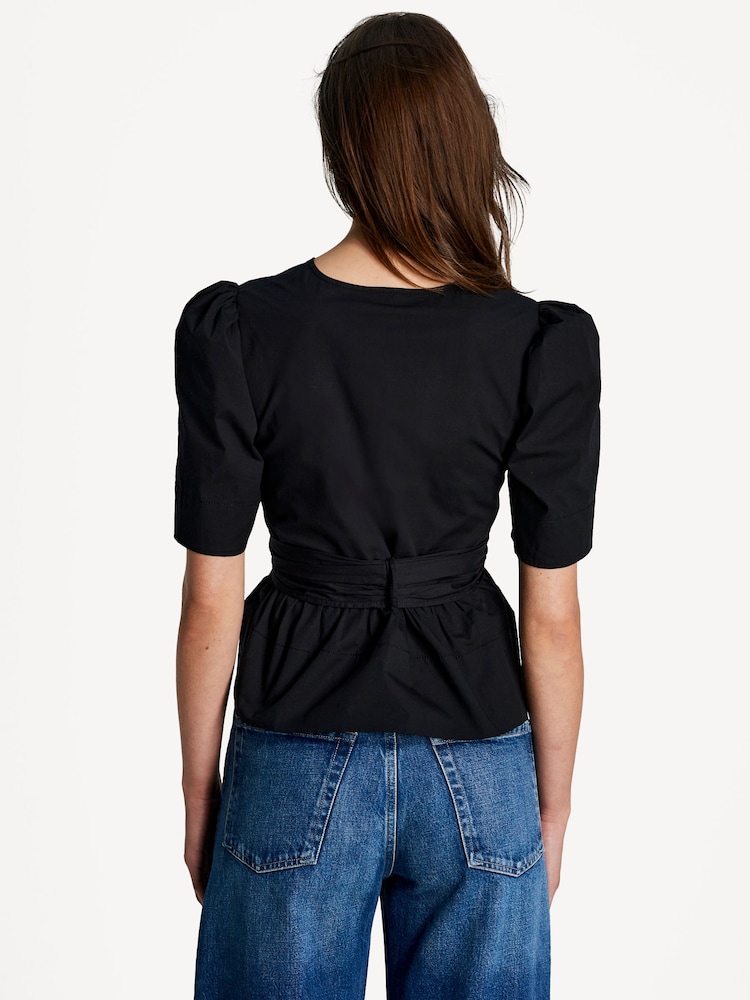 Ganni Black Washed Stretch Cotton Tie Strap Blouse - Image 2 of 8