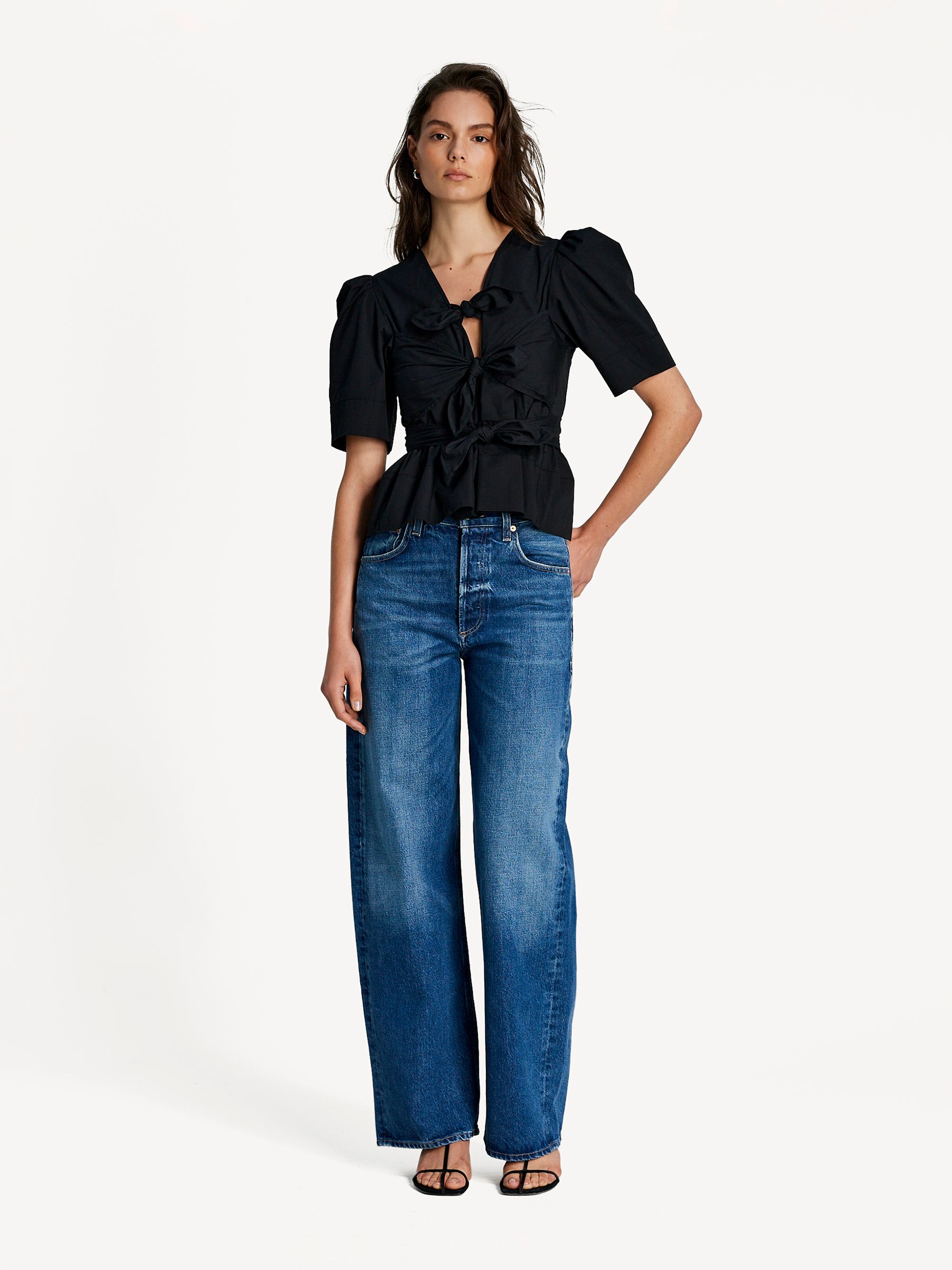 Ganni Black Washed Stretch Cotton Tie Strap Blouse | Seasons