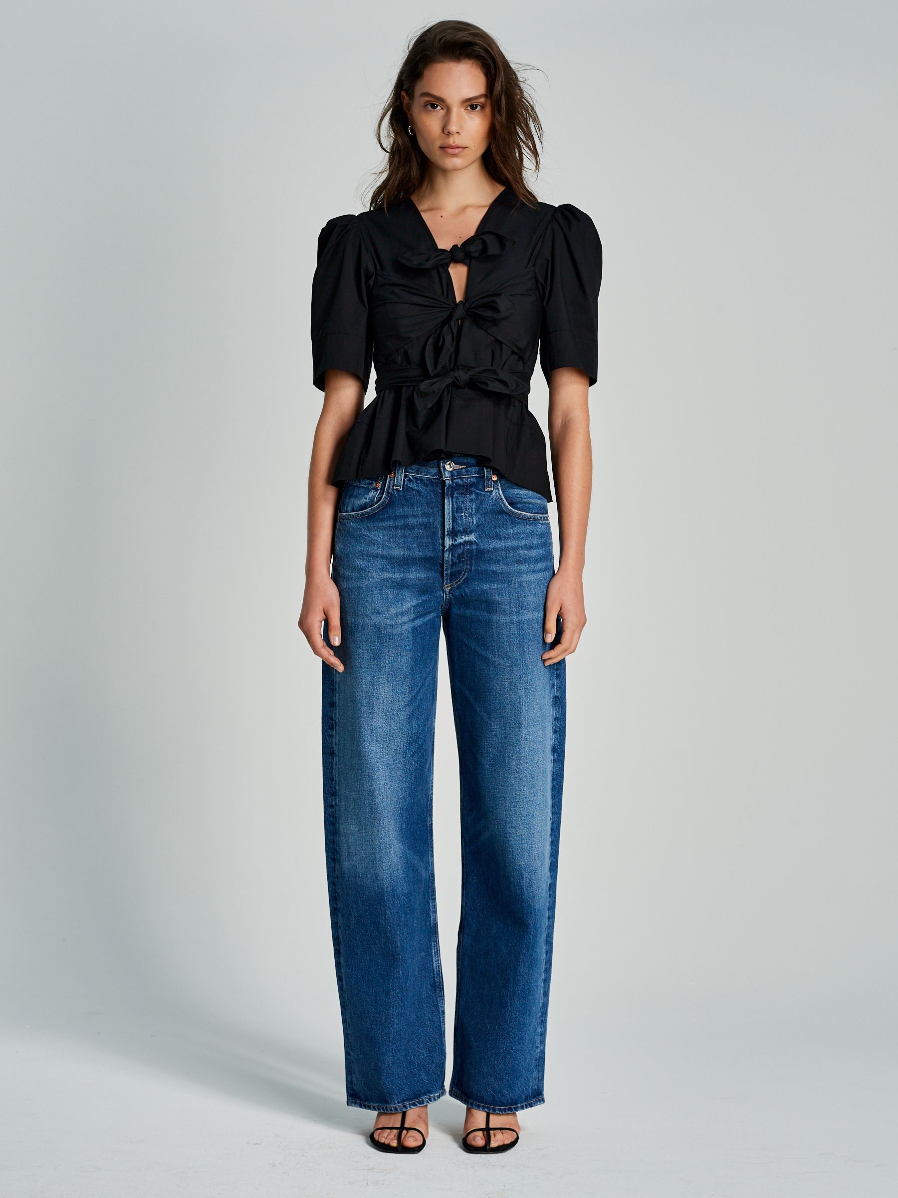 Ganni Black Washed Stretch Cotton Tie Strap Blouse | Seasons