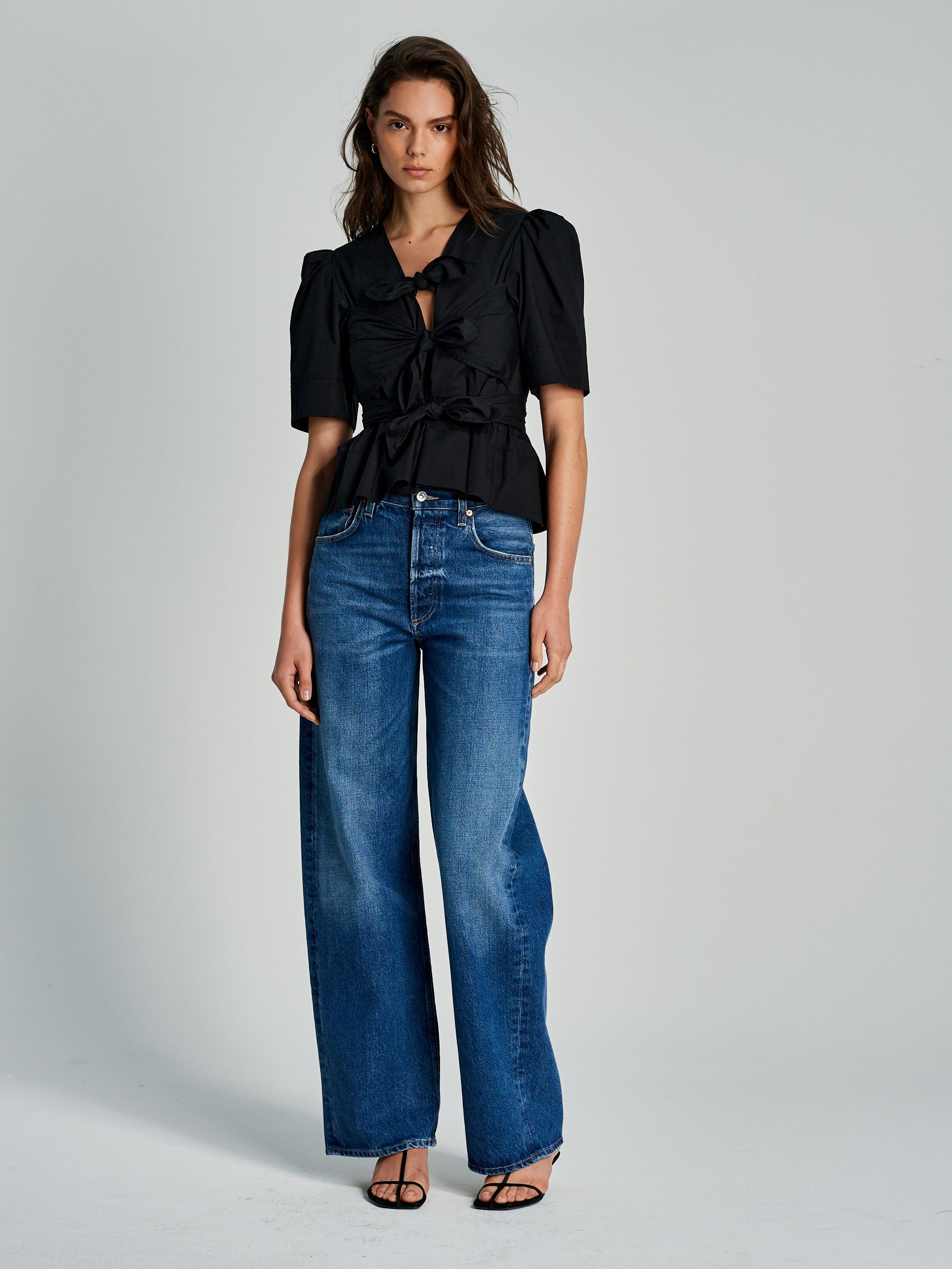 GANNI　Tie Strap BLOUSE Ganni Black Washed Stretch Cotton Tie Strap Blouse | Seasons