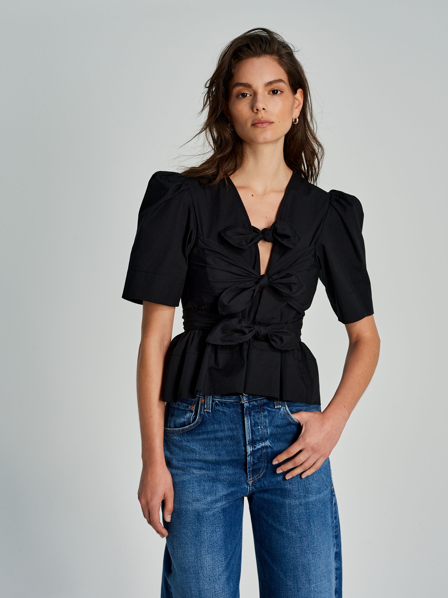 Ganni Black Washed Stretch Cotton Tie Strap Blouse | Seasons