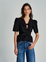 Ganni Black Washed Stretch Cotton Tie Strap Blouse - Image 6 of 8
