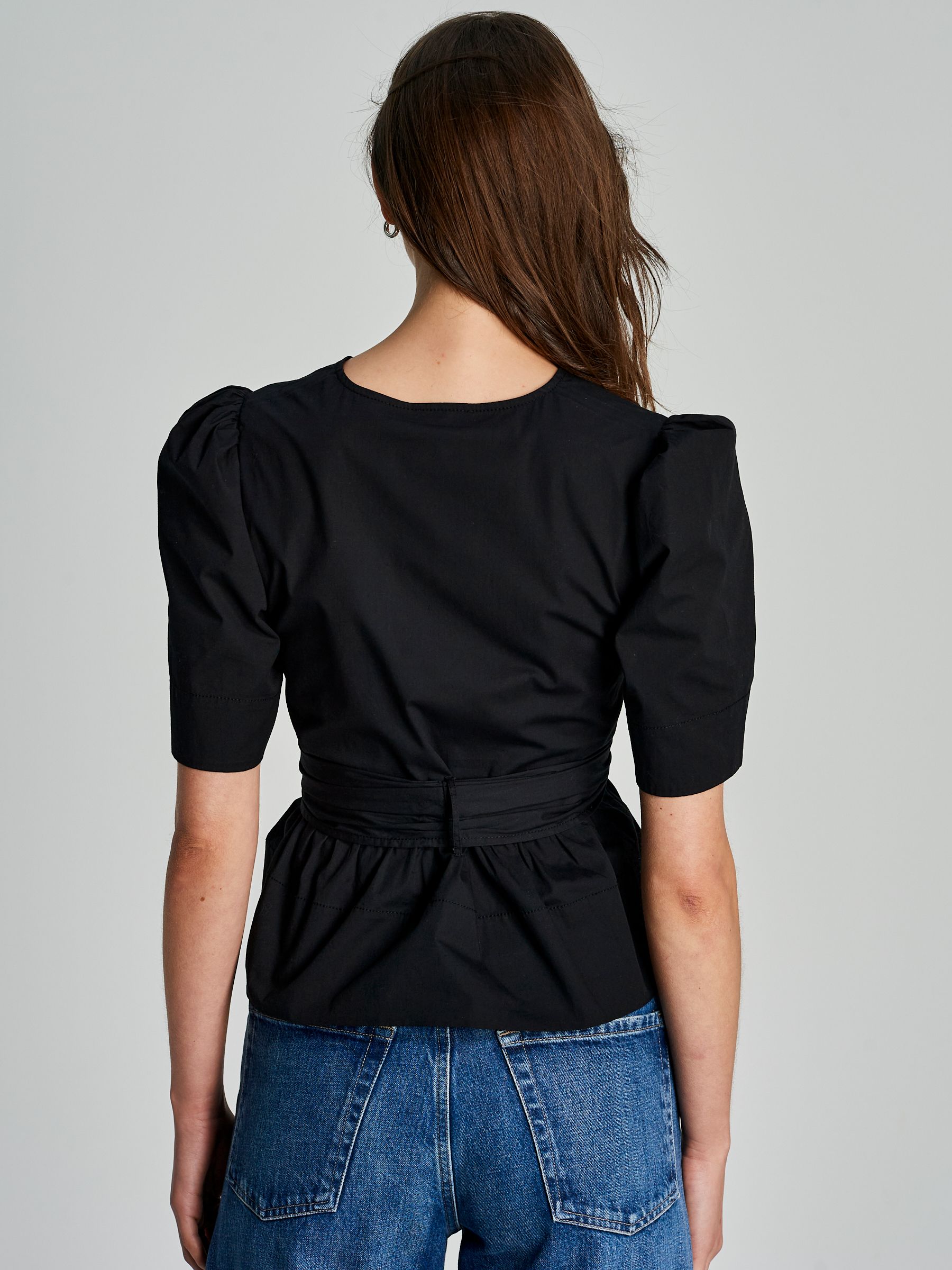 Ganni Black Washed Stretch Cotton Tie Strap Blouse | Seasons